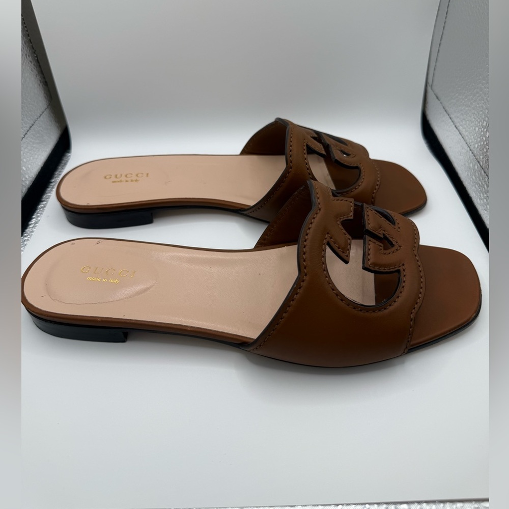 Gucci Brown Leather Interlocking G Slide Sandals - Picture 2 of 6